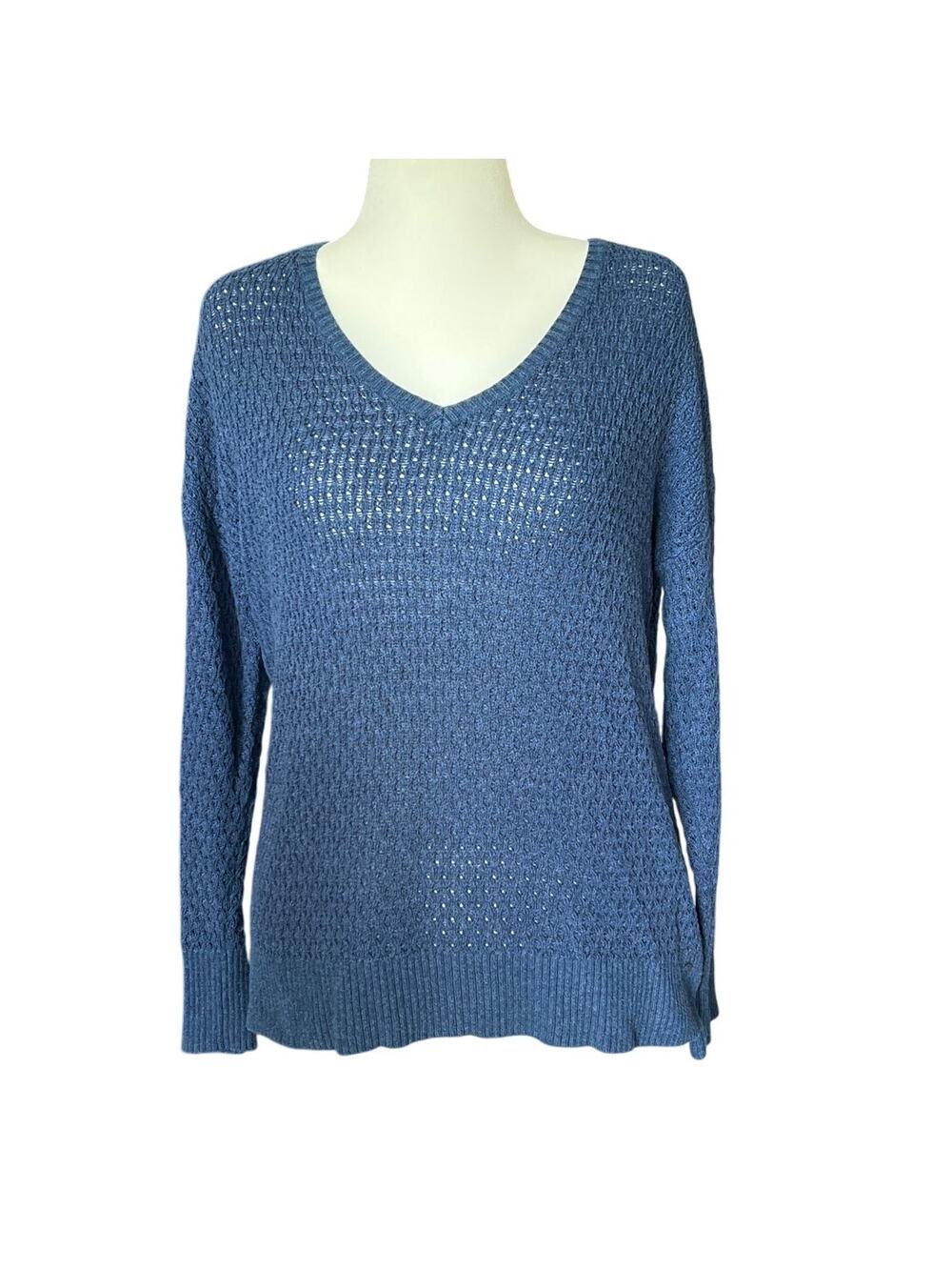 AE American Eagle Blue V-Neck Knit Pullover Sweater Women's Size L Semi-Sheer